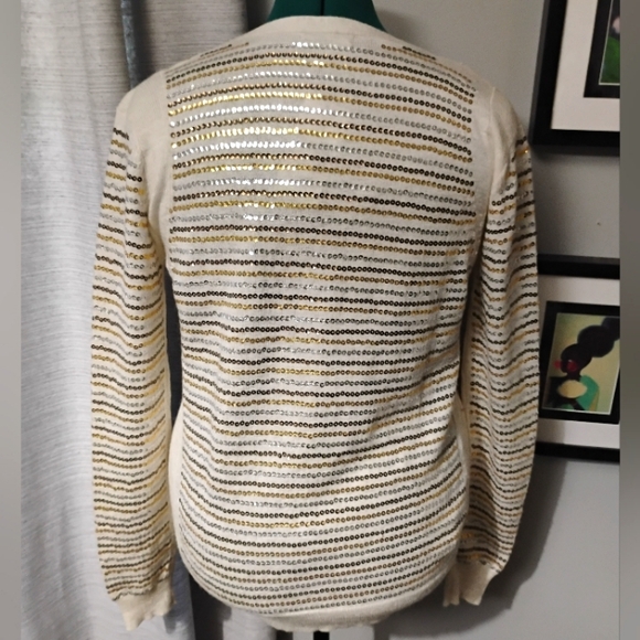 Mango Sequin Striped Knit Cardigan in Cream Gold Silver & Copper Sz L NWT - Picture 7 of 10